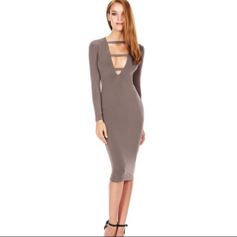 Nookie Harlow Long Sleeve Plunge Bodycon Dress‎ Sz S